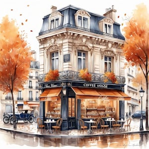 May include: A watercolor painting of a Parisian coffee shop with a sign that reads "Coffee House". The shop has a large window with a display of pastries and drinks. There are tables and chairs set up outside the shop, and people are sitting and enjoying their coffee. The shop is surrounded by trees with autumn leaves.