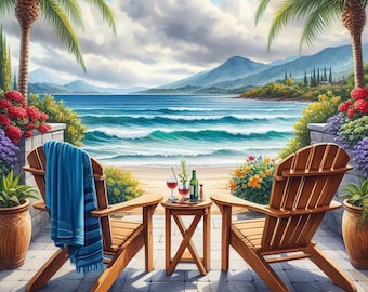 Beachfront Wall Art, Coastal Patio Painting, Tropical Ocean View Print, Seaside Relaxation Artwork, Vacation Home Decor, Summer Poster
