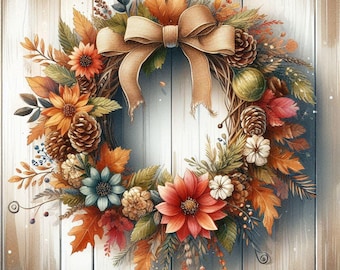 Autumn Wreath Wall Art, Fall Floral Print, Rustic Farmhouse Decor, Thanksgiving Digital Art, Cozy Seasonal Artwork
