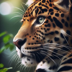 Könnte beinhalten: Nahaufnahme des Gesichts eines Jaguars, das seine scharfen Züge, grünen Augen und geflecktes Fell zeigt.