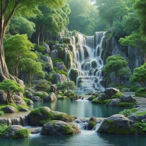 Waterfall Wall Art, Serene Forest Landscape Print, Nature Digital Artwork, Lush Greenery Decor, Tranquil River Scene, Zen Meditation Poster