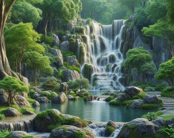 Waterfall Wall Art, Serene Forest Landscape Print, Nature Digital Artwork, Lush Greenery Decor, Tranquil River Scene, Zen Meditation Poster