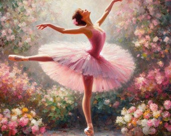 Ballerina Wall Art, Pink Ballet Dancer Print, Floral Dance Poster, Elegant Girl in Garden, Romantic Ballet Decor, Feminine Artwork