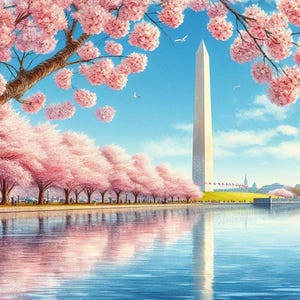 May include: A view of the Washington Monument in Washington, D.C. with cherry blossoms in full bloom along the Tidal Basin. The trees are reflected in the water.