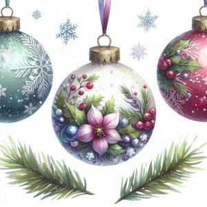 Christmas Wall Art Print, Holiday Ornaments Illustration, Floral Winter Decor, Festive Printable Art