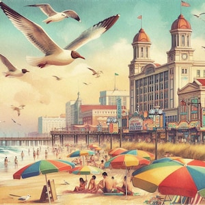 Impresión del paseo marítimo de Atlantic City, póster de playa vintage, arte costero de Nueva Jersey, decoración de pared con sombrillas, descarga digital de verano costero
