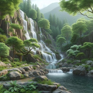 Impresión de naturaleza en cascada, paisaje de bosque sereno, obra de arte de río tranquilo, pintura digital, decoración de pared zen, póster de vegetación pacífica