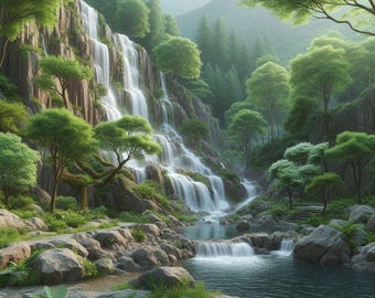 Waterfall Nature Print, Serene Forest Landscape, Tranquil River Artwork, Digital Painting, Zen Wall Decor, Peaceful Greenery Poster
