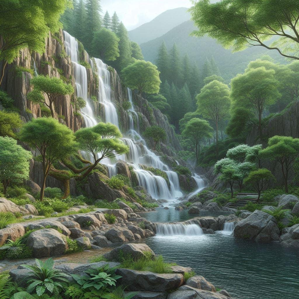 Quadro deco panel, Cascata nella foresta verde - 60x40