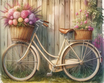 Vintage Bicycle Wall Art, Floral Bike Print, Cottagecore Home Decor, Rustic Garden Poster, Shabby Chic Aesthetic, Country Farmhouse Gift