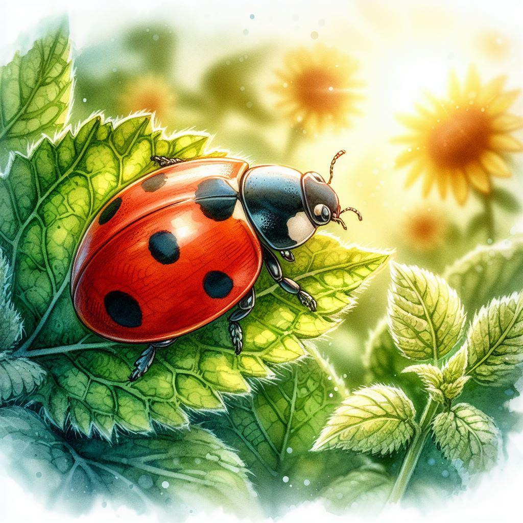 てんとう虫の水彩画プリント、自然昆虫アート、ひまわりの庭の装飾