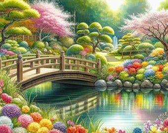 日本庭園の水彩画：桜、禅橋、鯉の池 - Etsy 日本