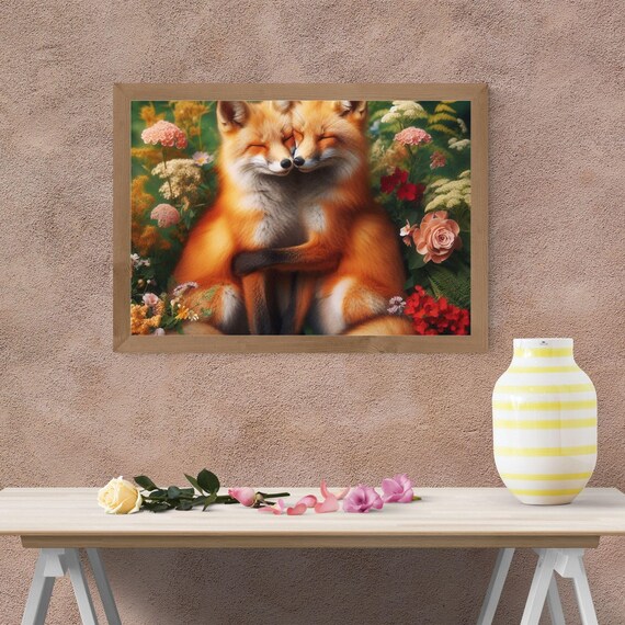 Fox Couple Hugging, Romantic Animal Art, Love Woodland Print