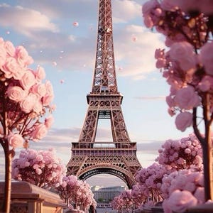 Puede incluir: Una vista de la Torre Eiffel en París, Francia, con cerezos en flor de color rosa. Los árboles bordean un camino con pétalos de color rosa esparcidos por el suelo.