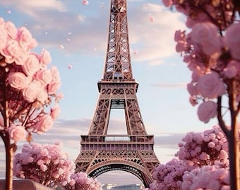 Paris Wandkunst, Eiffelturm Druck, rosa Romantisches Dekor, Kirschblüten Straßen Poster, Frankreich Reise Digitaler Download, Verträumte Stadt Kunstwerk