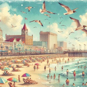 Impresión de playa de Atlantic City, arte mural de la costa de Nueva Jersey, póster costero vintage, escena de paseo marítimo y gaviotas, pintura digital de verano