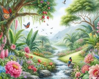 Tropical Garden Wall Art, Paradise Nature Print, Jungle River Poster, Butterfly & Bird Illustration, Colorful Botanical Decor