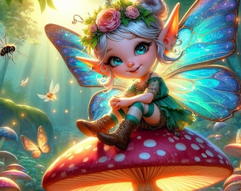 Fairy Forest Wall Art, Cute Fantasy Elf Print, Magical Mushroom Kingdom Poster, Whimsical Fairycore Decor, Enchanted Woodland Painting
