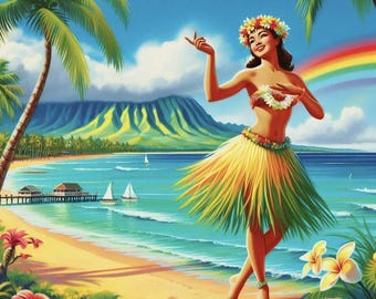 Pôster vintage de garota havaiana hula, impressão digital de praia tropical para papel de parede de desktop e celular, download de arte de parede retrô oceânica
