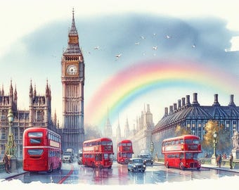 London Big Ben Print, Red Double-Decker Bus Wall Art, British Cityscape Illustration, Vintage Travel Poster, United Kingdom Decor
