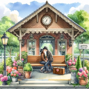 May include: Watercolor painting of a train station scene. A couple is kissing on a bench in front of a brick building with a clock. Flowers and a suitcase with a heart are also visible. The scene is set outdoors with a blue sky.