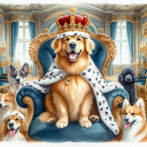 May include: A watercolour painting shows a golden retriever wearing a crown and royal cape, seated on a blue ornate chair. Several other dogs surround the regal canine in a lavish room with gold accents and blue curtains. The image evokes a sense of royalty and whimsy.