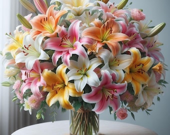 Lily Bouquet Wall Art, Floral Digital Print, Colorful Lily Flower Arrangement Poster, Botanical Home Decor Download