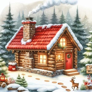 May include: Watercolor illustration of a cozy log cabin in a snowy forest. The cabin has a red roof, a stone chimney, and a red door. A sign reads "SANTA'S WORKSHOP". A deer and a lantern are in the foreground.
