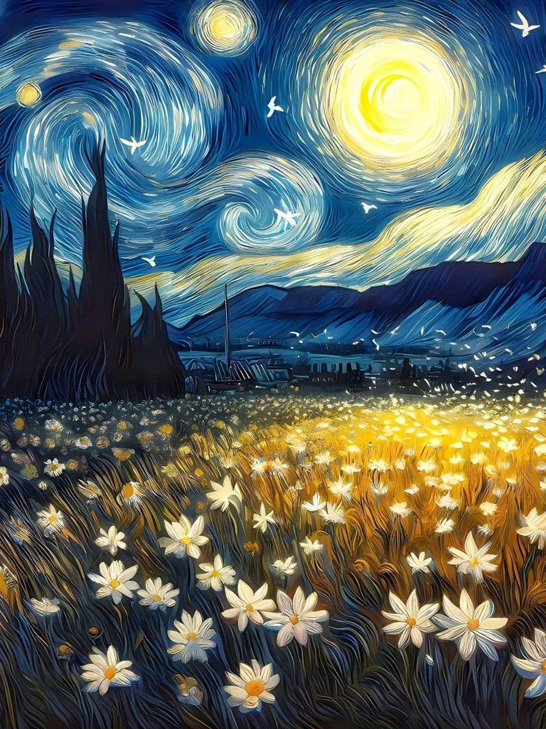 Starry Night Flower Field Print, Van Gogh Inspired Wall Art, Night