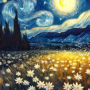 Sternenklare Nacht Blumenfeld Druck, Van Gogh inspirierte Wandkunst, Nachthimmel mit Gänseblümchen, wirbelnde Mondlandschaft, verträumte Natur Poster