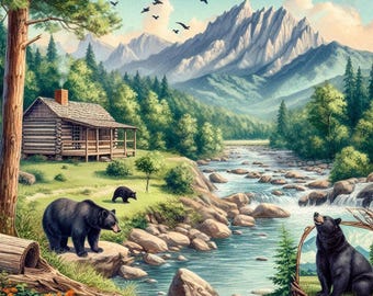 Mountain Cabin Bear Print, Tennessee River Landscape Art, Rustic Wildlife Poster, Smoky Mountains Wall Decor, Digital Nature Download