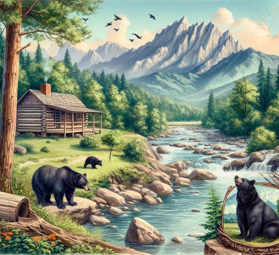 Mountain Cabin Bear Print, Tennessee River Landscape Art, Rustic
