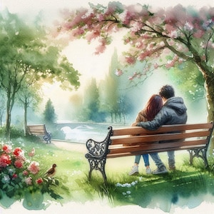 May include: Watercolor painting of a couple sitting on a park bench under a blooming tree. The scene includes a bridge, trees, and flowers, with a bird in the foreground. The artwork has a soft, romantic feel with pastel colors.
