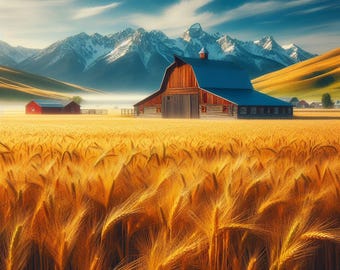 Rustic Farm Print, Golden Wheat Field Art, Countryside Barn Painting, Mountain Wall Decor, Rural Homestead Poster, Farmhouse Artwork