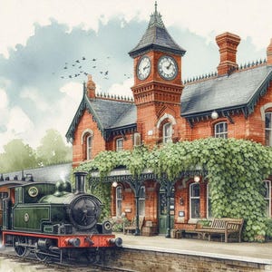 May include: Watercolor painting of a vintage train station with a green steam engine. The red brick building has a clock tower and is covered in green vines. A wooden bench sits on the platform.