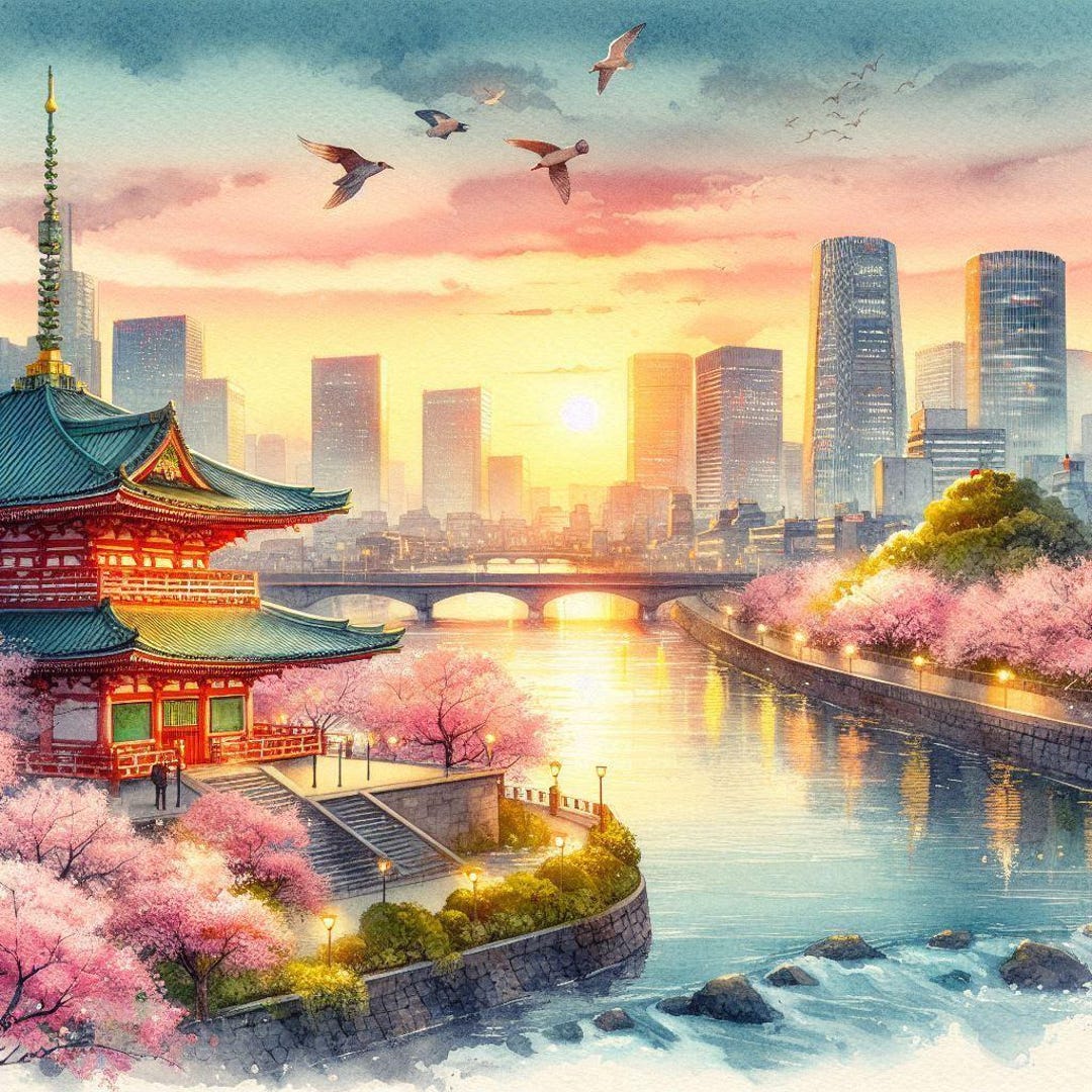 アート・デザイン・音楽 William  Tokyo Tokyo Skyline Print, Cherry Blossom Wall Art, Japanese Temple