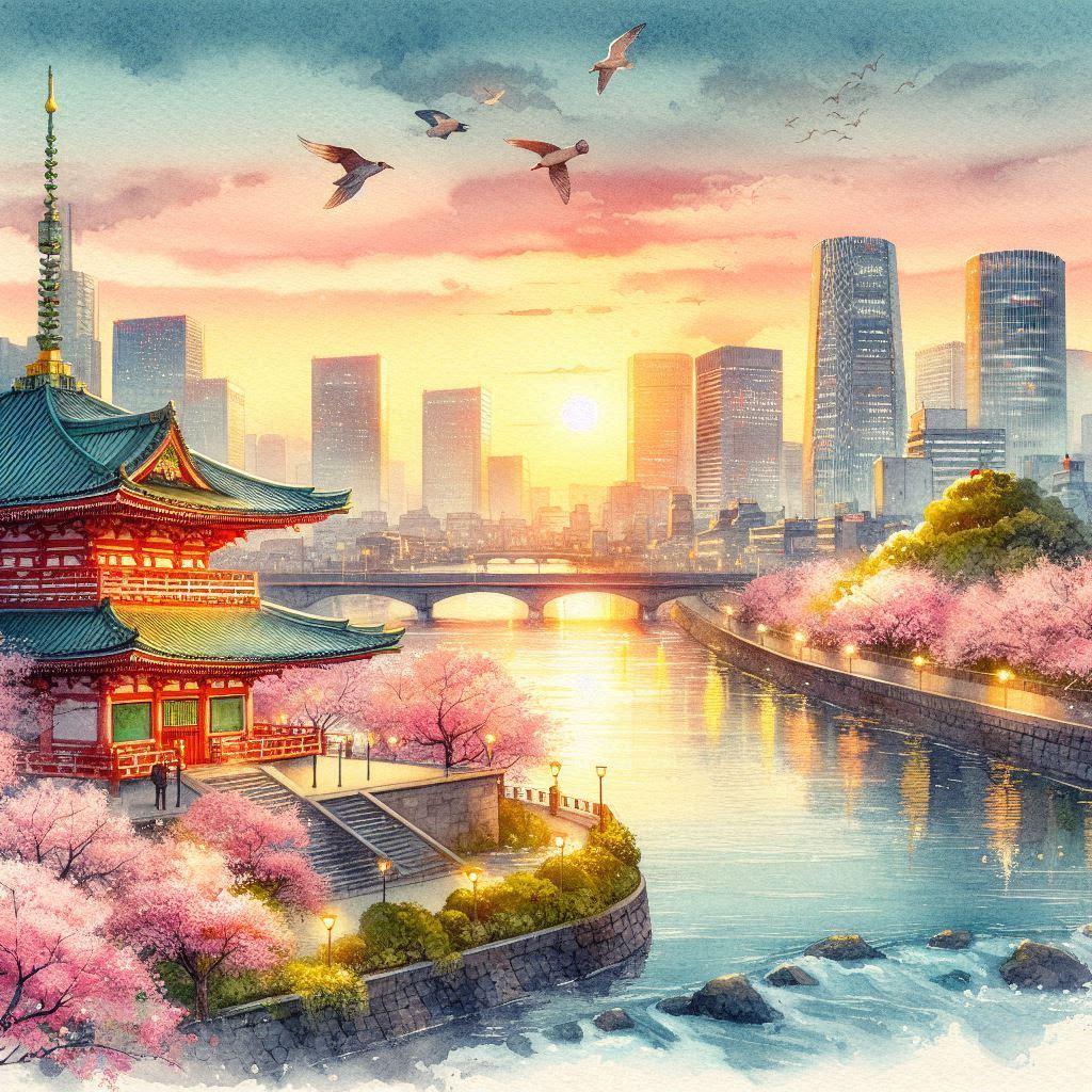 Tokyo Skyline Print, Cherry Blossom Wall Art, Japanese Temple