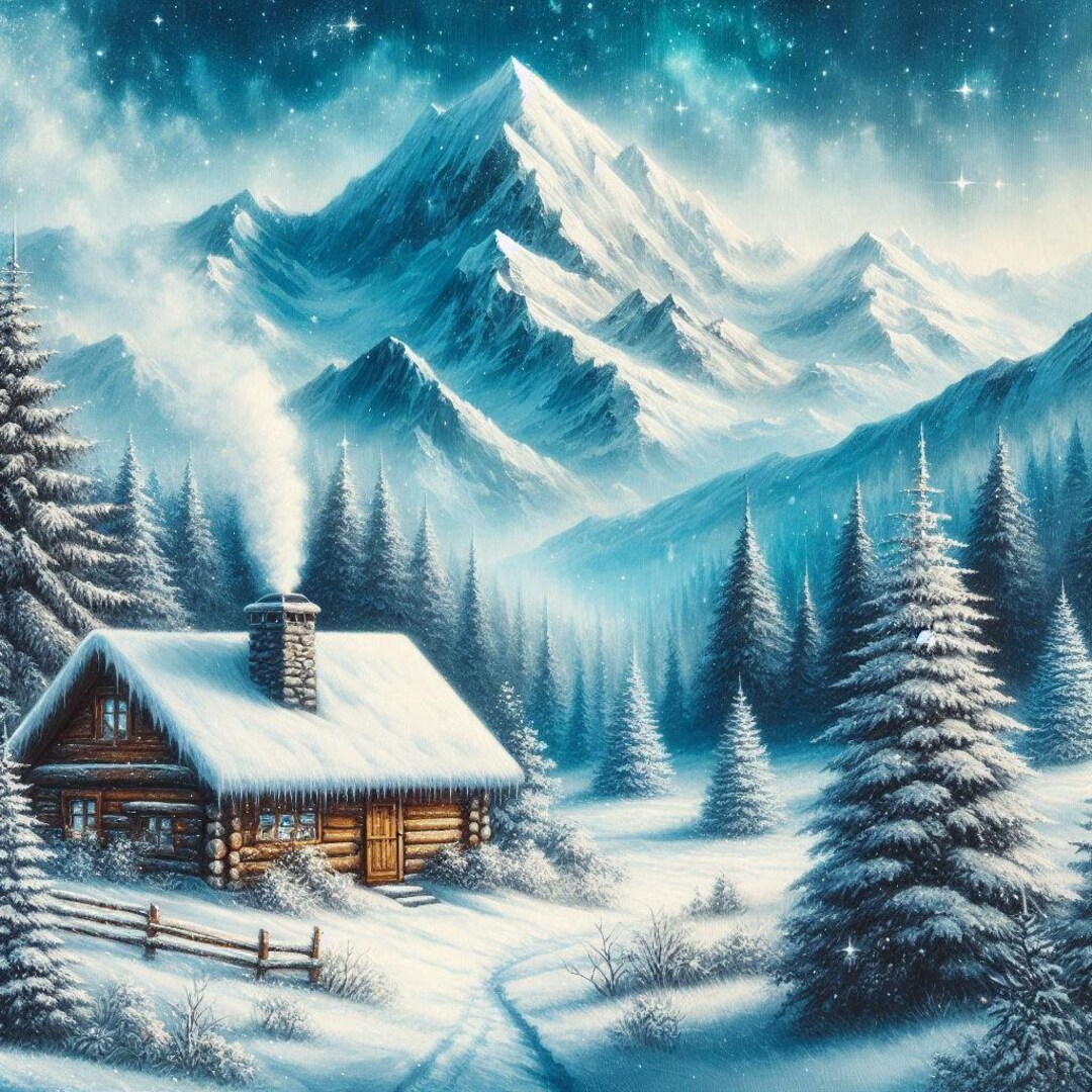 Winter Cabin Wall Art, Snowy Mountain Painting, Rustic Lodge Decor ...