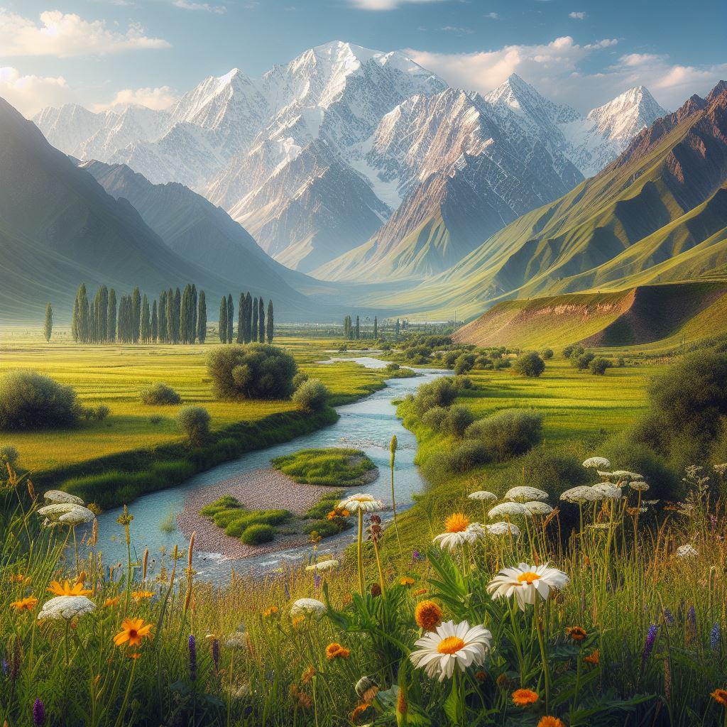 Mountain Landscape Print, River Valley Wall Art, Wildflower Field