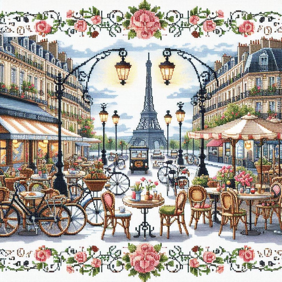 Paris Café Wall Art, Vintage Street Scene, Eiffel Tower Print