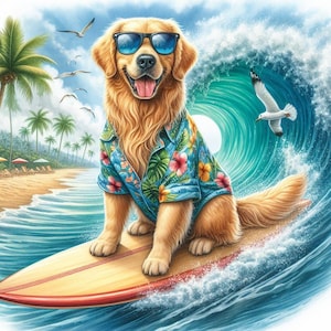Op de afbeelding: Een golden retriever-hond met een zonnebril en een blauw shirt met bloemenprint surft op een golf. De hond glimlacht en heeft zijn tong uitgestoken. De achtergrond is een strandscène met palmbomen en blauw water.