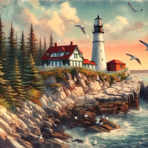 Impresión del atardecer en el faro de Maine, arte mural de acantilado costero, decoración náutica costera, póster de paisaje del océano Atlántico, descarga digital