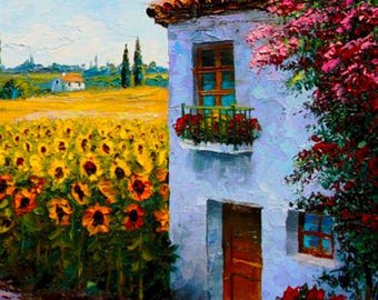Sunflower Cottage Print, Rustic Farmhouse Wall Art, Provence Landscape Painting, Vintage Country Decor, Floral Summer Artwork