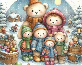 Digital Art Print, Winter Teddy Bear Family, Christmas Nursery Wall Decor, Snowy Holiday Illustration