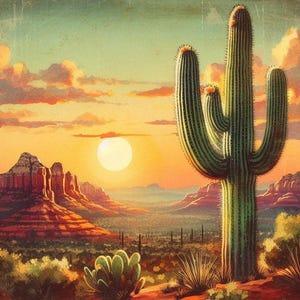Arizona Wüste Sonnenuntergang, Western Landschaft, Saguaro Kaktus Poster, Kaktus Poster, Wüsten Poster