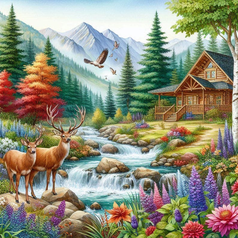 Cabin in the Woods Wall Art, Mountain River Landscape Print, Deer and ...