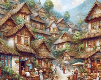 Rustic Village Wall Art, Cottagecore Market Print, Traditional Countryside Scene, Folk Life Poster, Digital Download, Cozy Home Decor