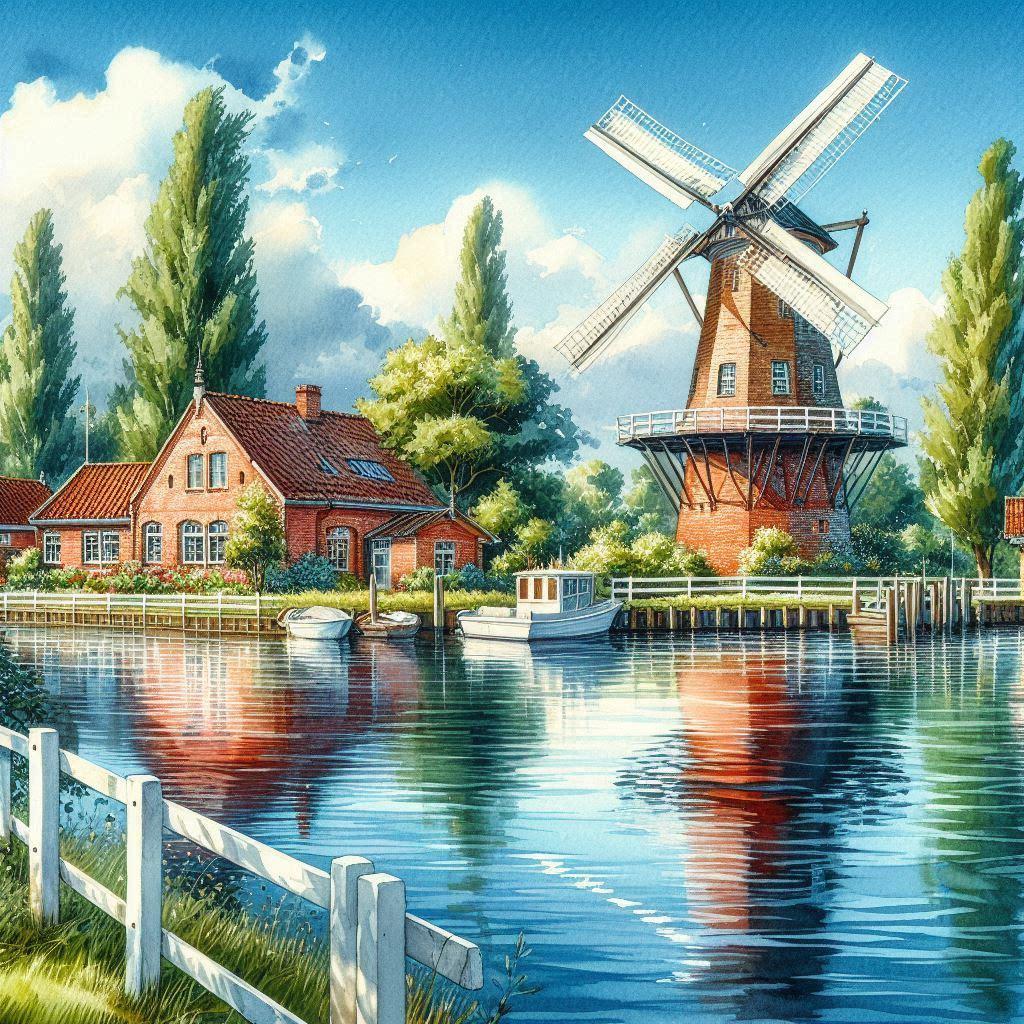 オランダの風車の風景プリント、田舎の運河の壁アート、伝統的な