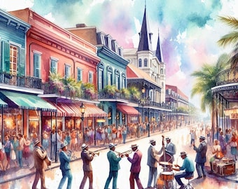 New Orleans Jazz Street Art, aquarelprint French Quarter, kleurrijke muziek muurdecoratie, poster Mardi Gras Band