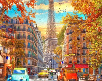 Paris Autumn Print, Eiffel Tower Painting, Vintage Cityscape Art, Cozy French Street Scene, Romantic Fall Travel Decor